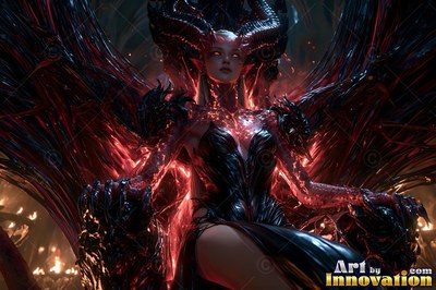 Seated frontally on a dark throne, a horned demon woman spreads wide red wings
