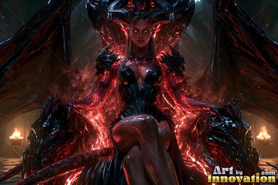 A winged woman with black horns sits on a dark throne lit by red fire