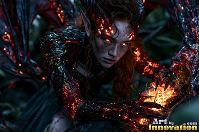 In dark woods, a winged demon woman with fiery eyes holds a flame in her hand