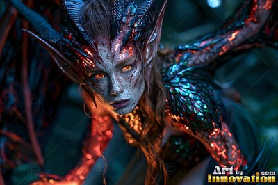 Crouching in the dark, a woman bearing horns with pointed ears and fiery skin looks forward