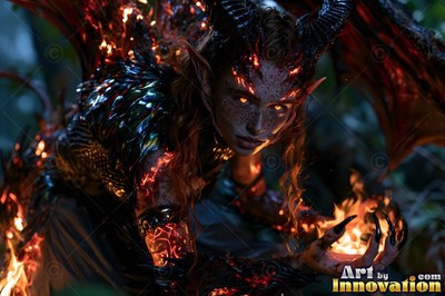 Winged woman with horns holding fire in the dark woods