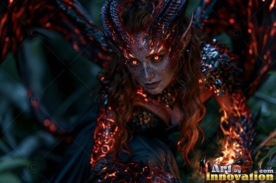 Black curved horns crown a winged demon woman crouching in a dark forest at night