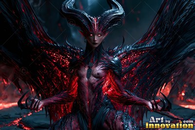A winged woman with large horns holds out her clawed hands in deep red firelight