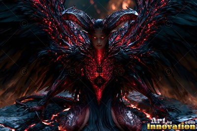 Kneeling on dark volcanic rock, a winged woman with horns looks forward