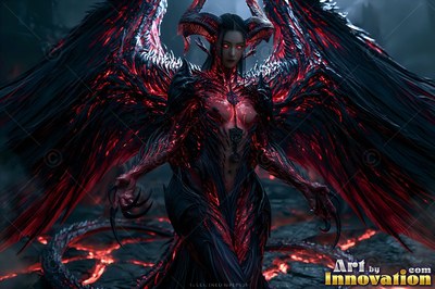 A horned demon woman spreads wide black wings tipped with red fiery light
