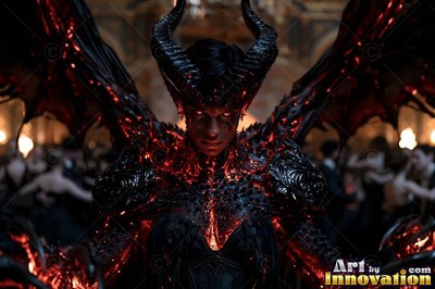 In a crowded ballroom, a horned demon woman with wings stands with fiery red skin