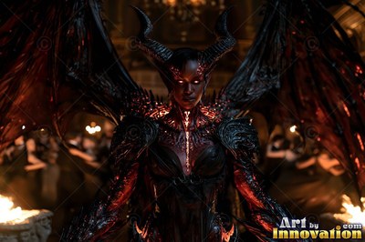 Horned demon woman spreads black wings in a dark ballroom