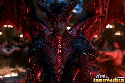 Curved black horns frame a demon woman standing in a red candlelit ballroom