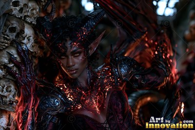 A winged woman with curved horns rests her hand on human skulls in deep red light