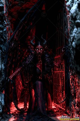 A horned demon woman steps from a dark doorway under deep red light