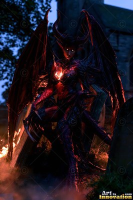 A horned demon woman with bat wings sits on a tombstone at night
