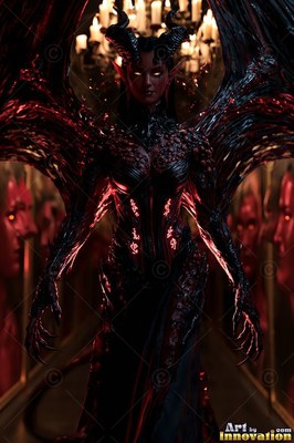 Horned demon woman with dark wings in a candlelit hallway