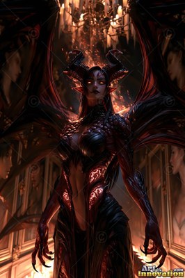 Curved black horns frame the head of a winged woman in a dim hall under a chandelier
