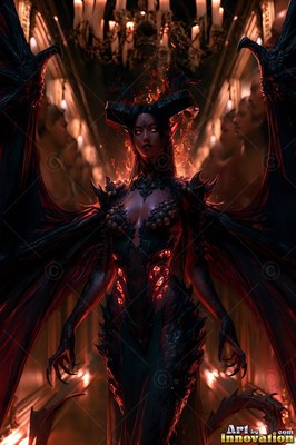 A horned demon woman stands with wide dark wings in a hallway lit by red firelight