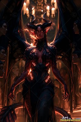 Standing tall in a dark hall, a horned demon woman with wings walks forward in warm light
