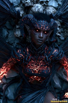 Curved black horns frame a winged demon woman standing before a wall of human skulls