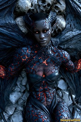 A horned demon woman rests against skulls with red light shining through cracked dark skin