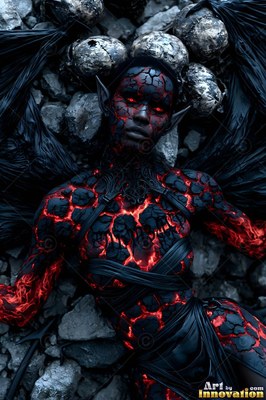 Lying flat on gray rocks, a winged demon woman with cracked black and red skin