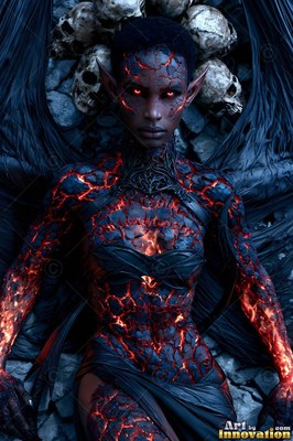 A winged woman covered in cracked fiery skin stands before pale human skulls