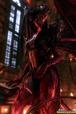 In a dim gothic room, a horned demon woman stands with red wings beside an open book