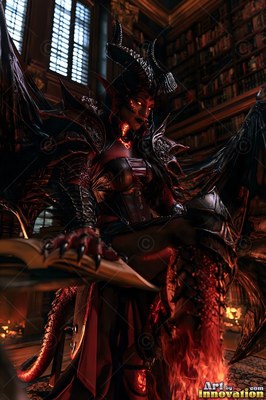 Horned winged woman reading an open book in a dark library