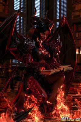 Black horned wings spread behind a horned demon woman reading an open book in a library fire