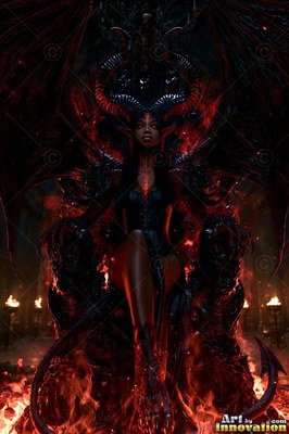 A horned woman sits on a dark throne lit by red fire below