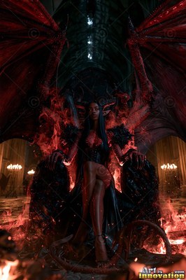 Sitting crossed-legged on a dark throne, a winged demon woman rests inside a hall
