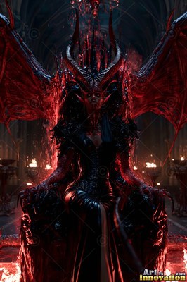 A woman with horns in black sits on a dark throne with red wings in firelight