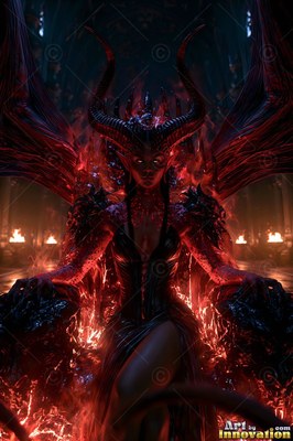 In a dark hall, a winged demon woman with curved horns stands in red fire