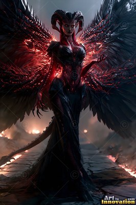 Standing on a stone path, a woman with curved horns opens dark wings with red fiery sparks