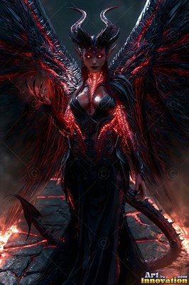 Curved black horns crown a horned winged woman standing over cracked fiery ground