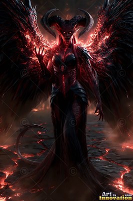 A woman with curved horns spreads feathered black wings over cracked ground lit by red fire