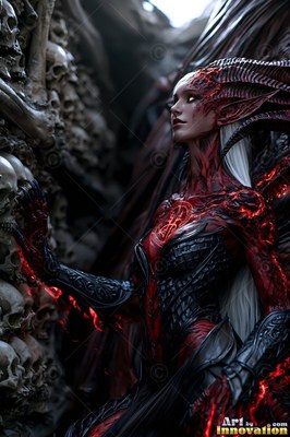 Standing in profile by a wall of skulls, a demon woman in red and black armor looks up