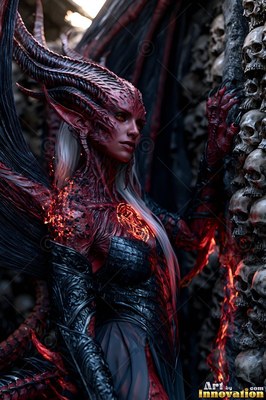 A red horned demon woman stands beside a tall wall made of human skulls