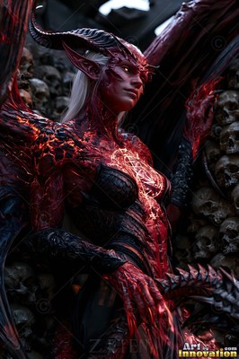Before a wall of skulls, a winged demon woman with curved black horns looks up