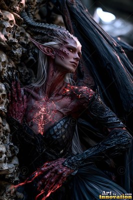Leaning against a wall of skulls, a horned demon woman rests her clawed hand