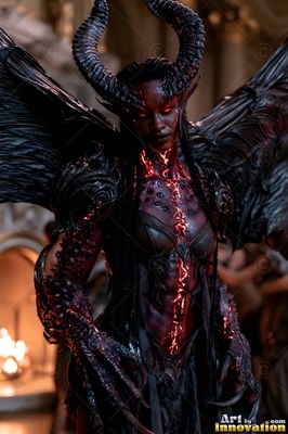 Demon woman with curled horns, black wings, and red cracks on her skin