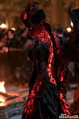 Horns curve from the head of a horned demon woman with red skin standing in a dark ballroom