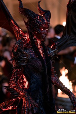 A horned demon woman stands in a crowd, illuminated by red firelight