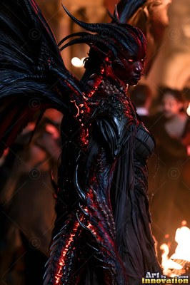 Turned sideways in a dark room, a horned demon woman stands with black wings