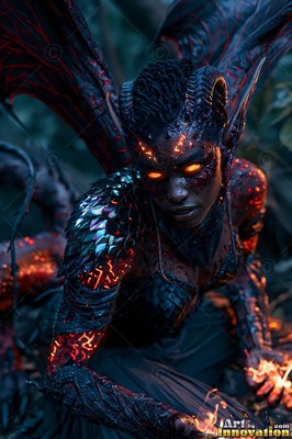 A horned demon woman with dark wings crouches in the woods holding fire