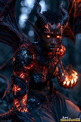 In a dark forest, a horned demon woman holds fire in her hand
