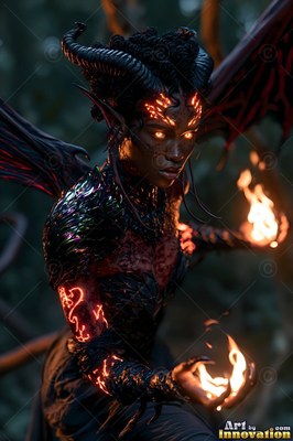 Holding fire in her dark hands, a horned woman with wings looks aside in the night