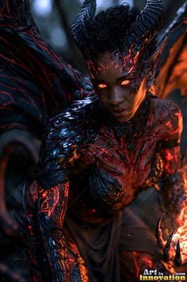 Horned demon woman with bright orange eyes and black wings outdoors
