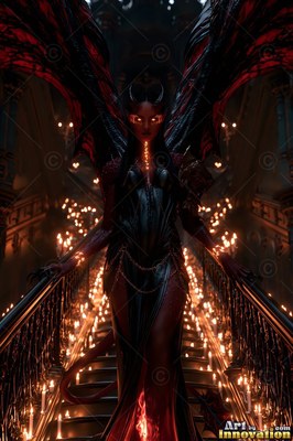 Large black wings rise behind a woman descending a dark staircase lined with candles