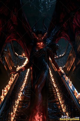 A demon woman with red wings descends a dark staircase lit by rows of candles