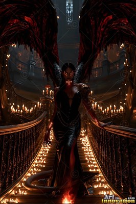 Standing on a dark candlelit staircase, a winged demon woman walks down