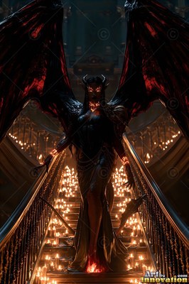 A winged demon woman in a dark dress walks down stairs lined with small candles