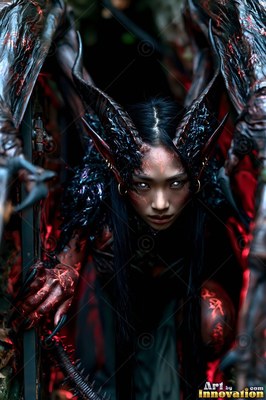 In a dark cage, a horned demon woman crouches with large wings